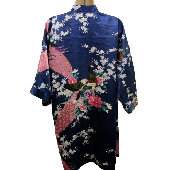 Oriental Peacock Kimono Robe Navy Blue Pink Satin One Size Short Tie Waist - Picture 2 of 4